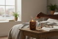 Load image into Gallery viewer, Hand lighting a wood-grain ceramic candle on a bedside table next to an open book and mug.