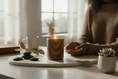 Load image into Gallery viewer, Lit wood-grain ceramic candle on a table with stones, a mug, and a small plant, with a person seated nearby.