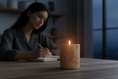 Load image into Gallery viewer, Lit wood-grain ceramic candle on a wooden table with a person journaling softly in the background during the evening.