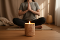 Load image into Gallery viewer, Wood-grain ceramic candle burning in the foreground while a person sits in a prayerful meditation posture behind it.