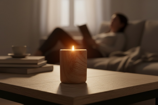 Wood-grain ceramic candle glowing on a table as a person rests and reads on a couch in a quiet room.